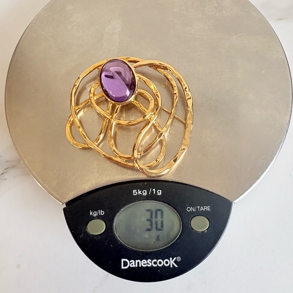 1993 Vtg Avon Faux Amethyst Gold Tone Brooch & Earrings Set Bold 90s Statement - Picture 11 of 16